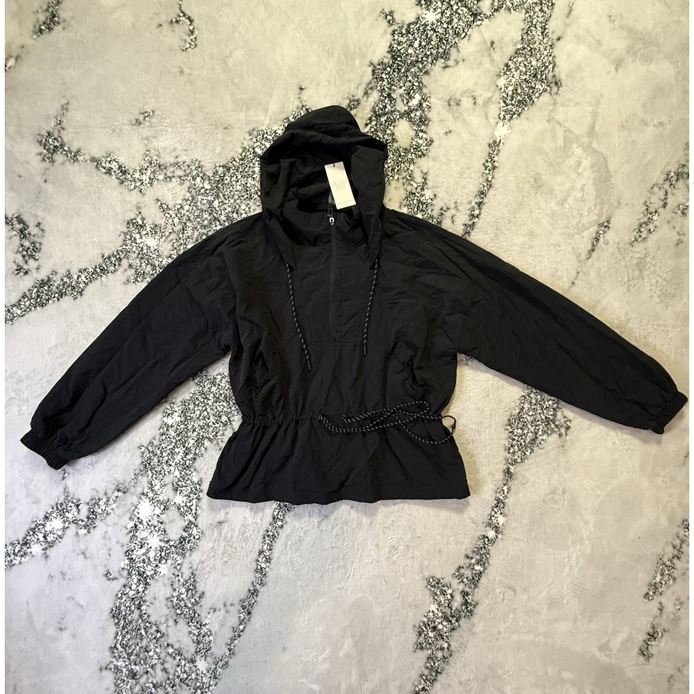 Calia Jacket Womens Size XXL Pure Black Pullover Hooded Windbreaker 1/4 Zip